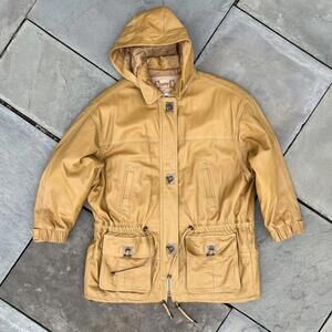 Vintage 90s Tan Brown Removable Hood Leather Coat